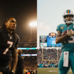 Tua Tagovailoa sits with Quinn Ewers gripping a glove at Dolphins sideline near Hard Rock Stadium scoreboard showing 28-15.