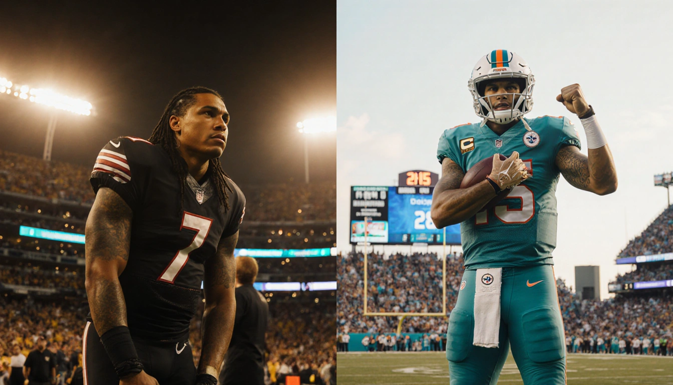 Tua Tagovailoa sits with Quinn Ewers gripping a glove at Dolphins sideline near Hard Rock Stadium scoreboard showing 28-15.