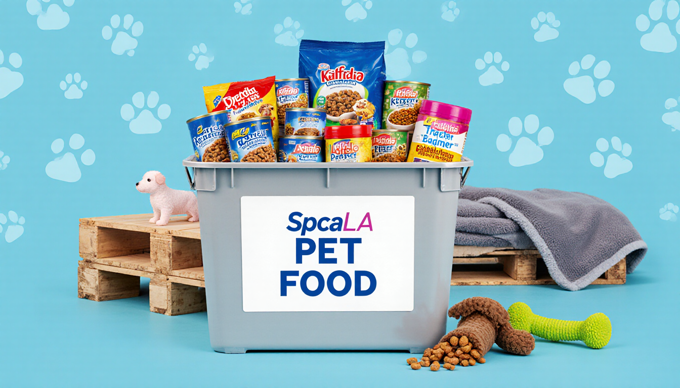 Donation bin labeled Pet Food with SpcaLA logo filled with pet food cans on crate against blue background with paw prints