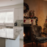 Modern kitchen island with marble and light beside nostalgic Home Alone living room with armchair and Christmas tree.