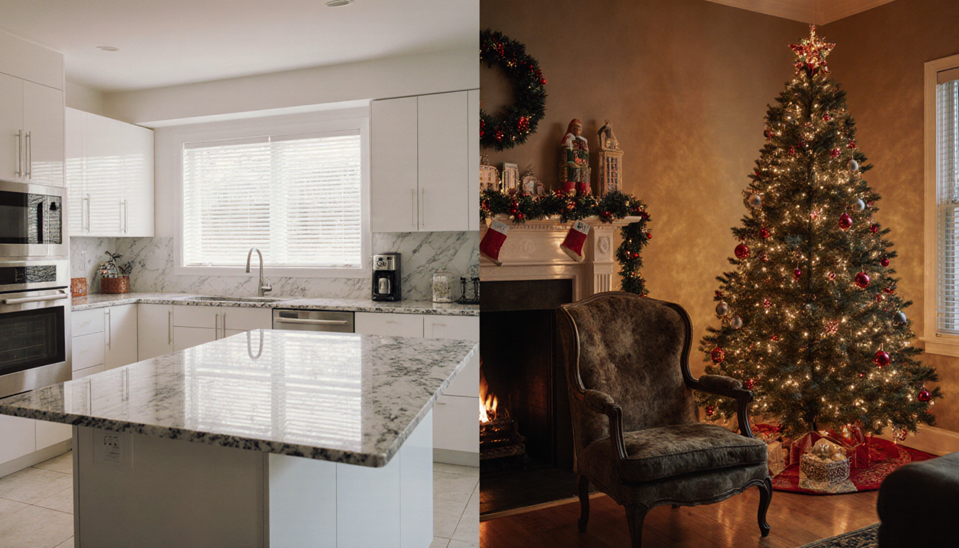 Modern kitchen island with marble and light beside nostalgic Home Alone living room with armchair and Christmas tree.
