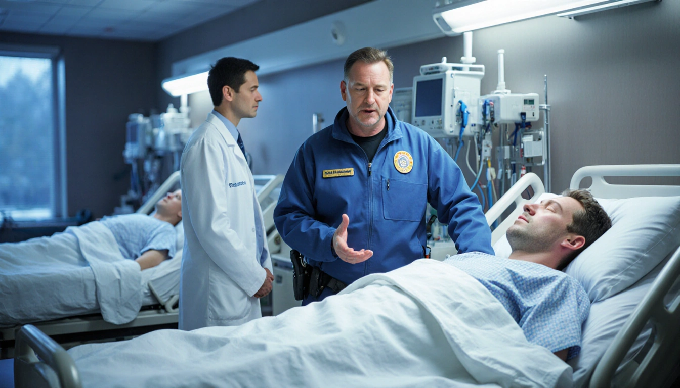 Doug Andreassen speaking at a hospital bedside with a white coat doctor beside him and an unconscious patient in the bed.