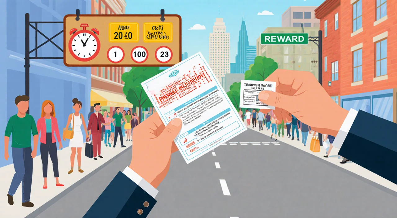 Person handing out validation stickers with parking permit and downtown street sign showing 20% discount.