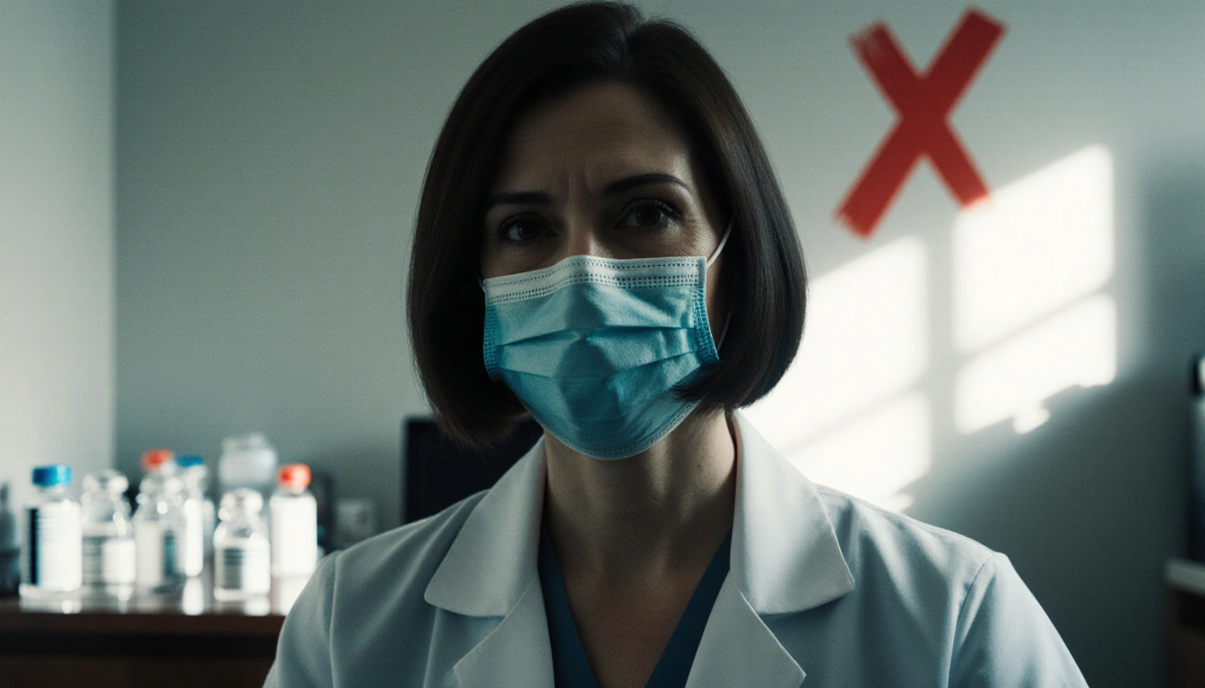 Dr. Violetta Mailyan staring with a mask covering her mouth with a dim medical office background showing a red X.