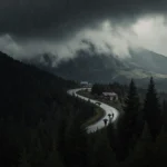 People evacuating along winding road with stormy sky and dark forest in foreground