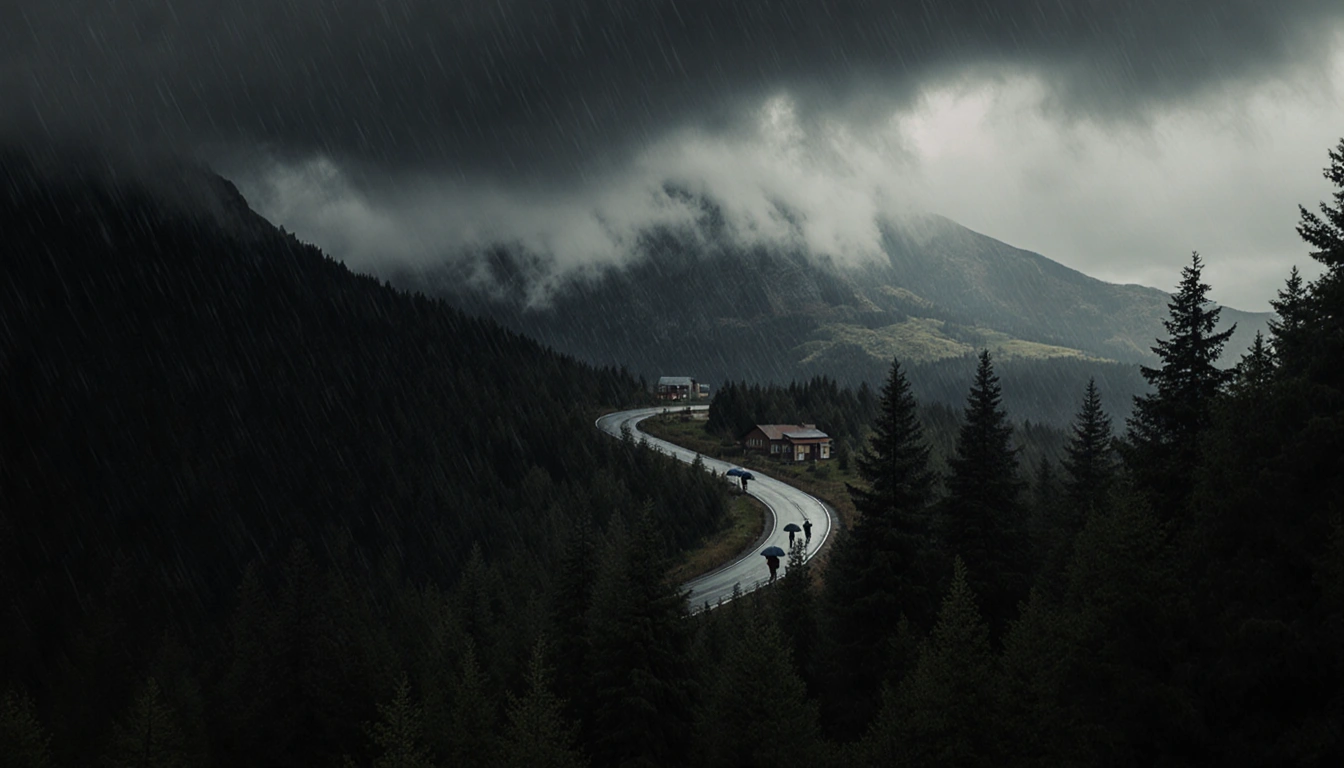 People evacuating along winding road with stormy sky and dark forest in foreground