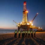 Drilling rig operates over Balboa Peninsula coast with workers in reflective vests watching at dusk.