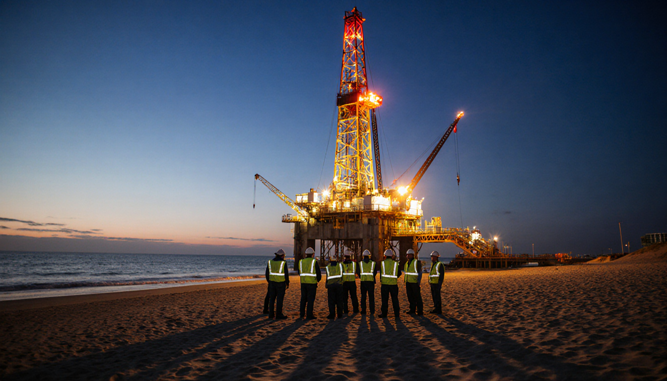 Drilling rig operates over Balboa Peninsula coast with workers in reflective vests watching at dusk.