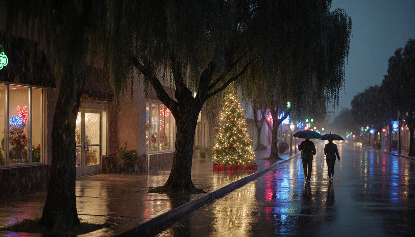 Shoppers dash down drizzly sidewalk with umbrellas blown inside out and flickering Christmas tree lights.