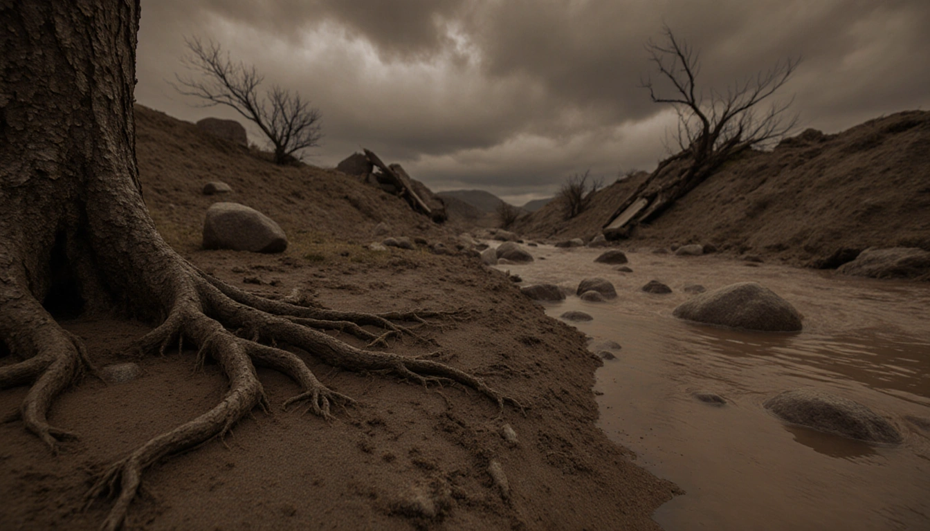 Dry riverbed shows exposed tree roots with disturbed soil indicating recent mudflow and subtle rockslide hints