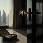 Suitcase lies open revealing cash and passport with marble floor and Dubai skyline outside windows with hint of deception