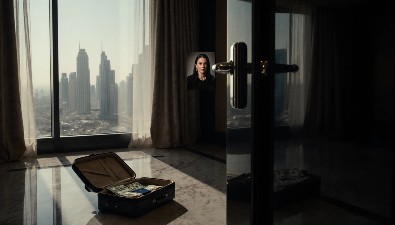 Suitcase lies open revealing cash and passport with marble floor and Dubai skyline outside windows with hint of deception