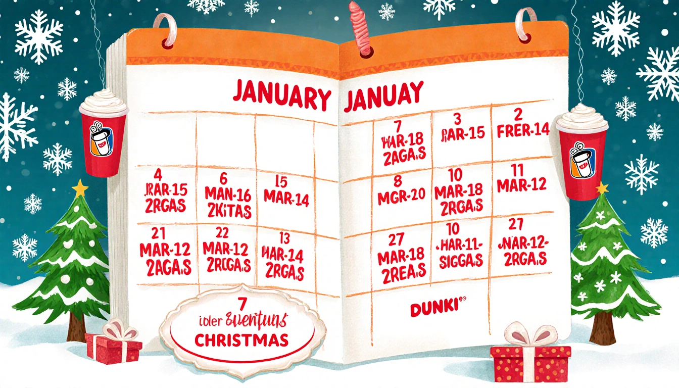 Illustrated calendar spread showing January page highlighted with festive holiday background and Dunkin' logo and giveaway da