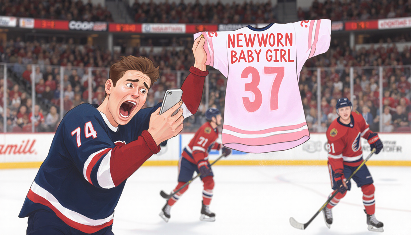 Dylan Strome looks at phone with newborn girl and holds daughter jersey with blurred hockey rink behind