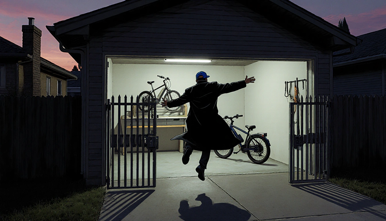 Man leaping over garage gate with e-bikes on bench as dusk theft unfolds