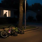 E-bikes lie abandoned on curb with warm streetlight glow and thief shadow lurking behind tree.
