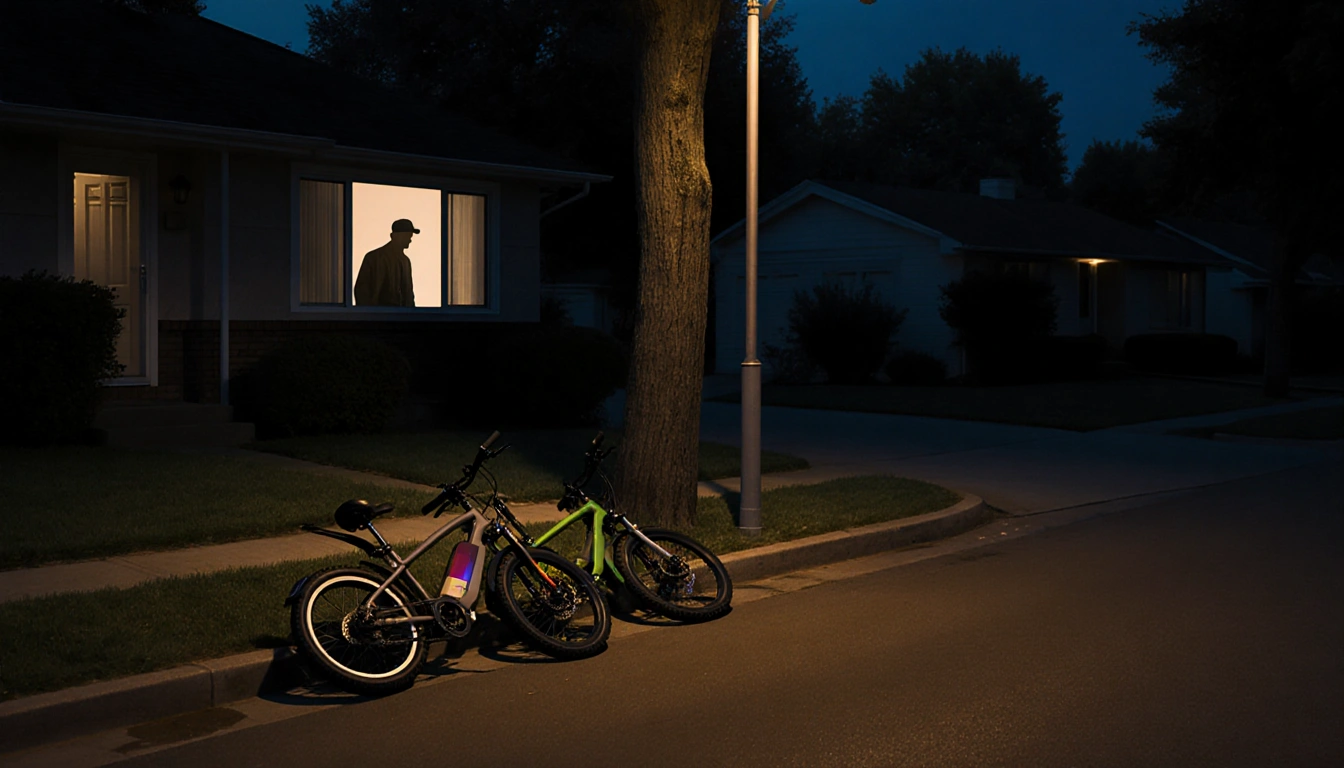 E-bikes lie abandoned on curb with warm streetlight glow and thief shadow lurking behind tree.