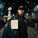 Fan holds an Eagles jacket with a personal note and confetti while standing in a dimly lit parade corner