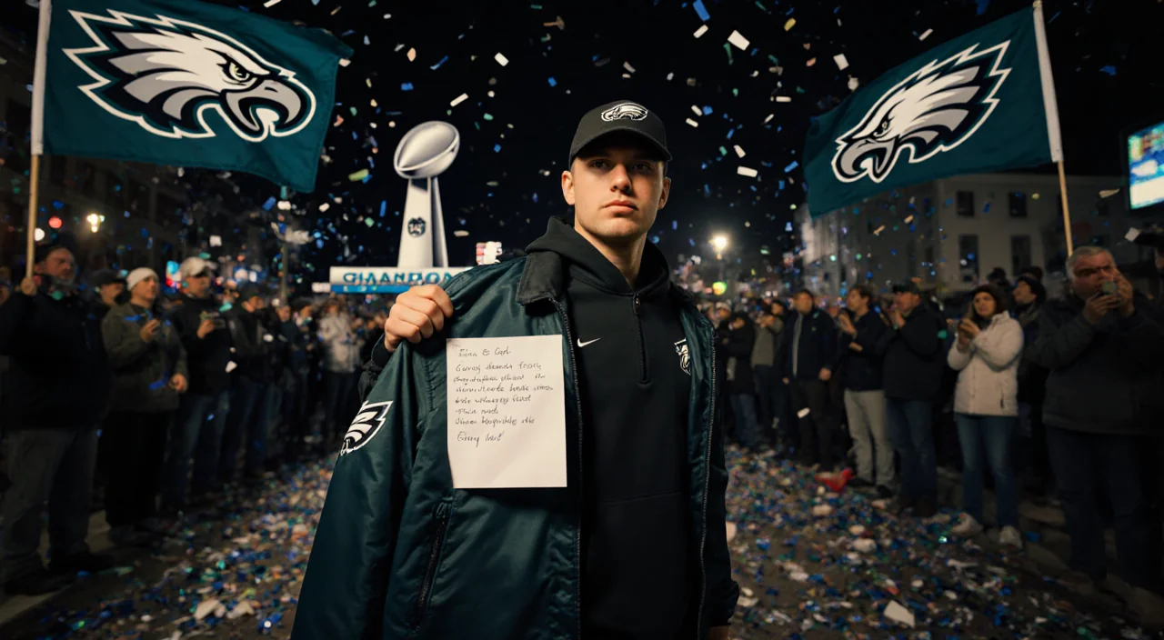 Fan holds an Eagles jacket with a personal note and confetti while standing in a dimly lit parade corner
