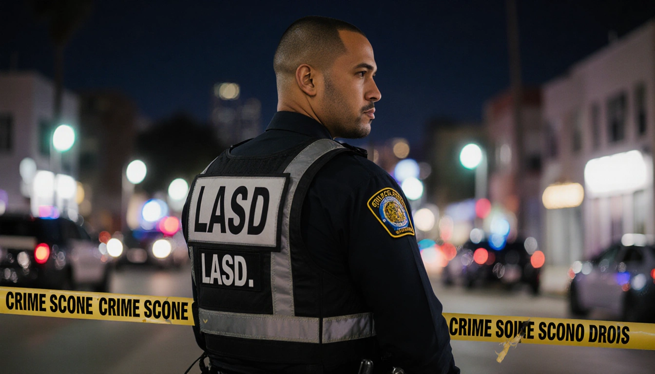 Police officer standing beside torn crime scene tape with reflective vest on back in East LA