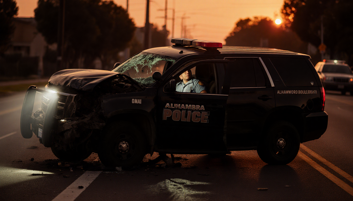 Police cruiser sits angled with SUV remains and emergency light illuminating unconscious officer at dusk