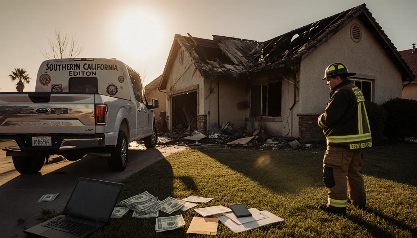 Edison truck drives away from a devastated house with charred roof and abandoned electronics