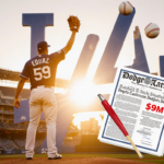 Edwin Diaz celebrating with a flying baseball and $69M contract near Dodger Stadium skyline