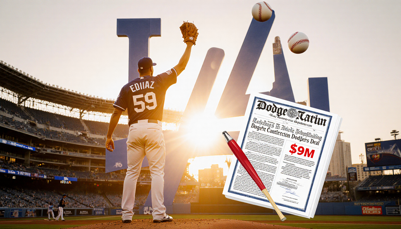 Edwin Diaz celebrating with a flying baseball and $69M contract near Dodger Stadium skyline