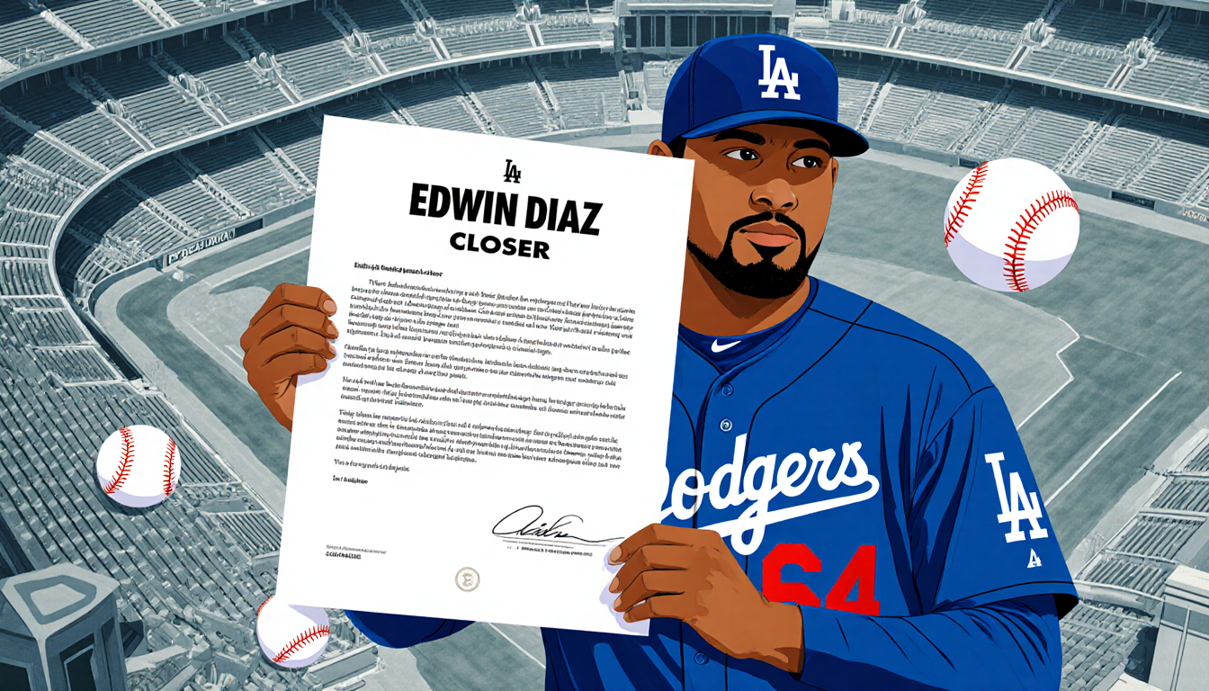 Edwin Diaz standing before Dodger Stadium holding a contract with $69 million and 3‑year deal highlighted