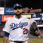 Edwin Díaz stands proudly in Dodgers uniform with contract papers glowing in stadium lights and scoreboard behind.