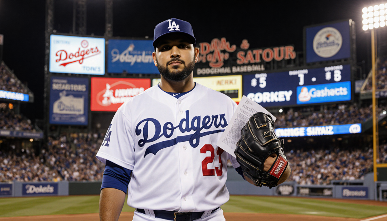 Edwin Díaz stands proudly in Dodgers uniform with contract papers glowing in stadium lights and scoreboard behind.