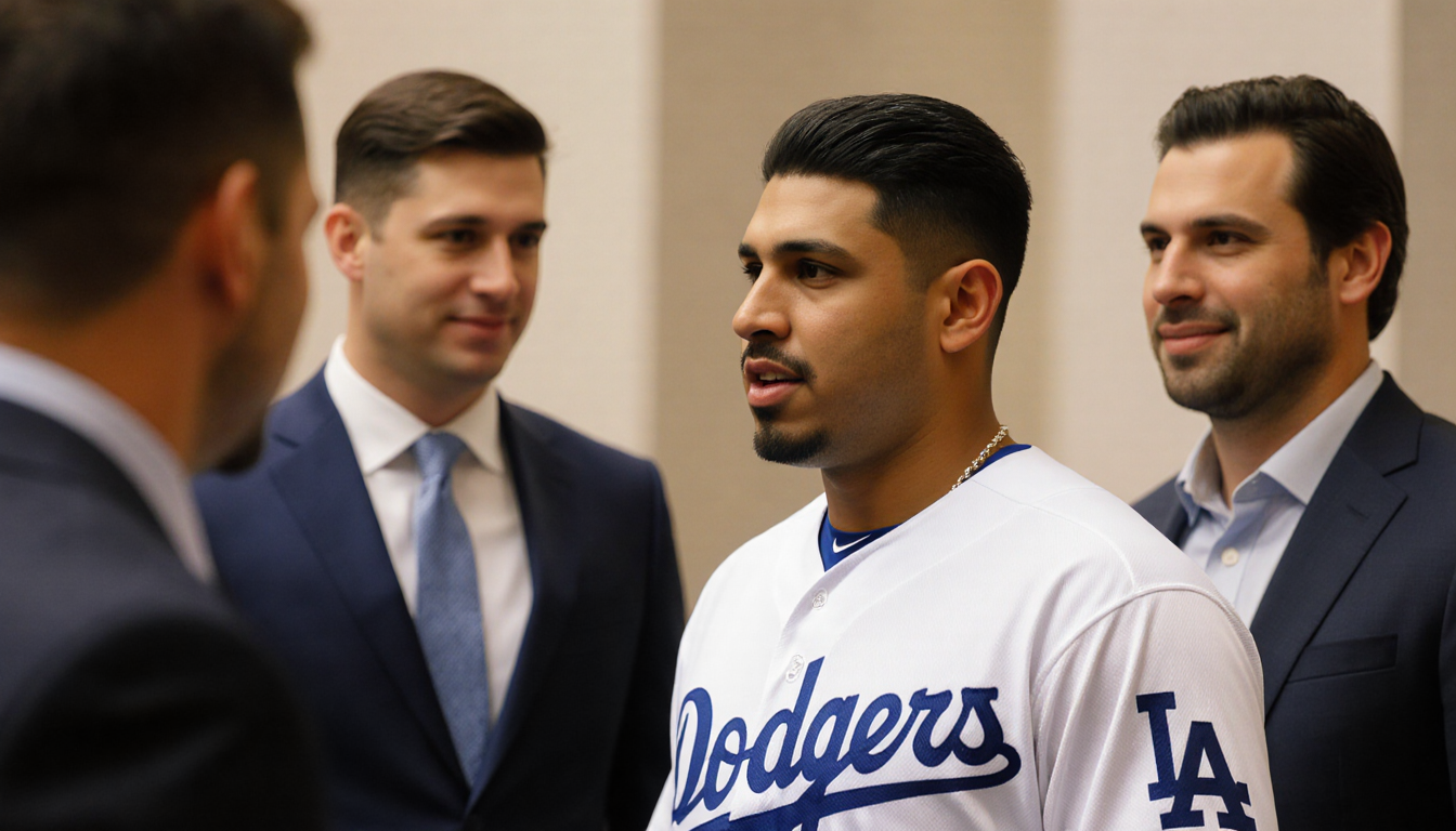 Edwin Diaz speaking with Dodgers executives and his family near a blurred background