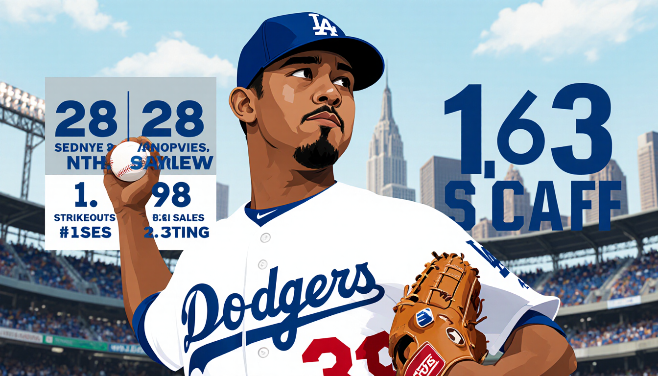 Edwin Diaz pitching with a glove while blurred New York skyline and Dodgers stats 28 saves 1.63 ERA 98 strikeouts surround hi