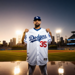 Edwin Diaz stands confidently holding a Dodgers jersey with Dodger Stadium lights and sunset glow reflected on polished field