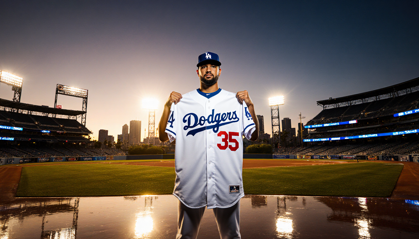 Edwin Diaz stands confidently holding a Dodgers jersey with Dodger Stadium lights and sunset glow reflected on polished field