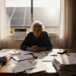 Elderly resident sits at kitchen table with bills and identity theft paperwork while a faint solar panel glows behind the win