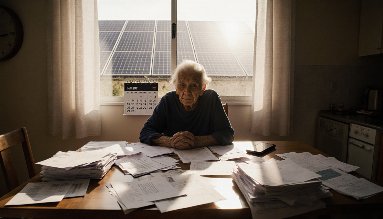 Elderly resident sits at kitchen table with bills and identity theft paperwork while a faint solar panel glows behind the win