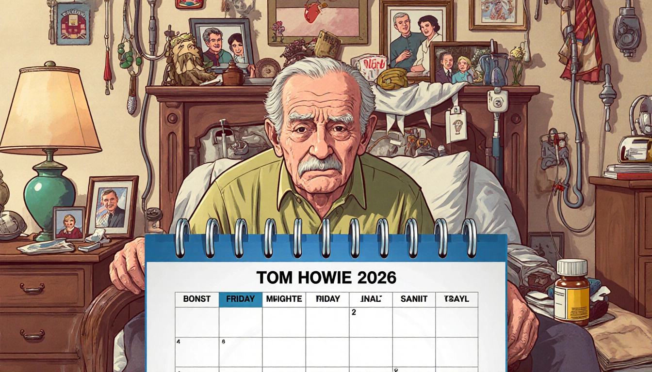 Elderly man Tom Howie sits with a planner showing 2026 Medicare drug price changes surrounded by medical equipment and family