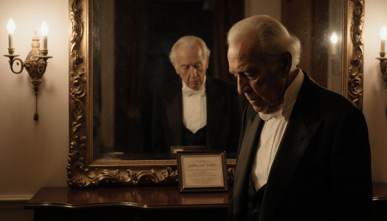 Elderly opera singer stands before ornate mirror with faded Grammy plaque on dresser behind.