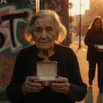 Elderly woman cradling an empty necklace box with her distressed face and graffiti-covered East LA sign behind her in orange