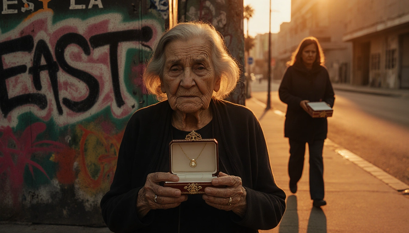 Elderly woman cradling an empty necklace box with her distressed face and graffiti-covered East LA sign behind her in orange