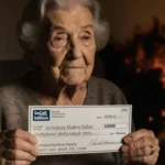 Elderly woman holding a SoCal Edison check with warm glow and charred wood hint of Eaton Fire