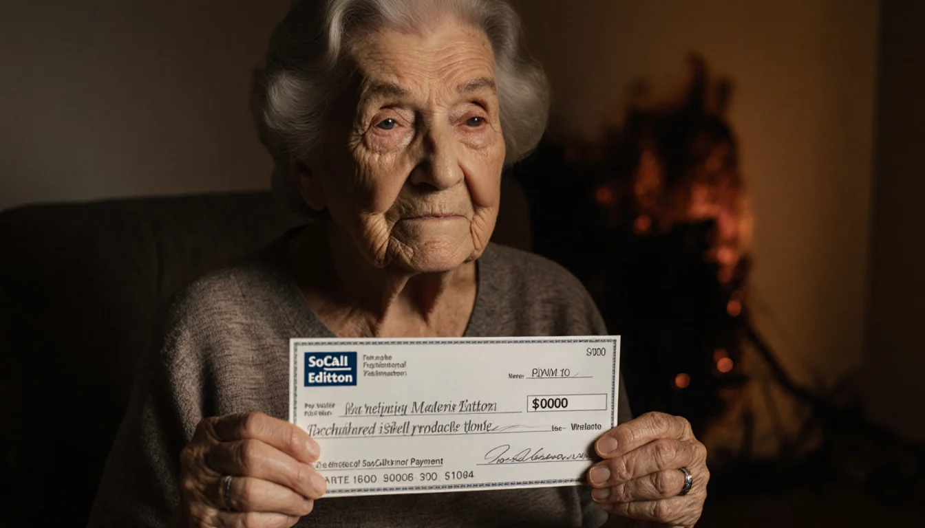 Elderly woman holding a SoCal Edison check with warm glow and charred wood hint of Eaton Fire