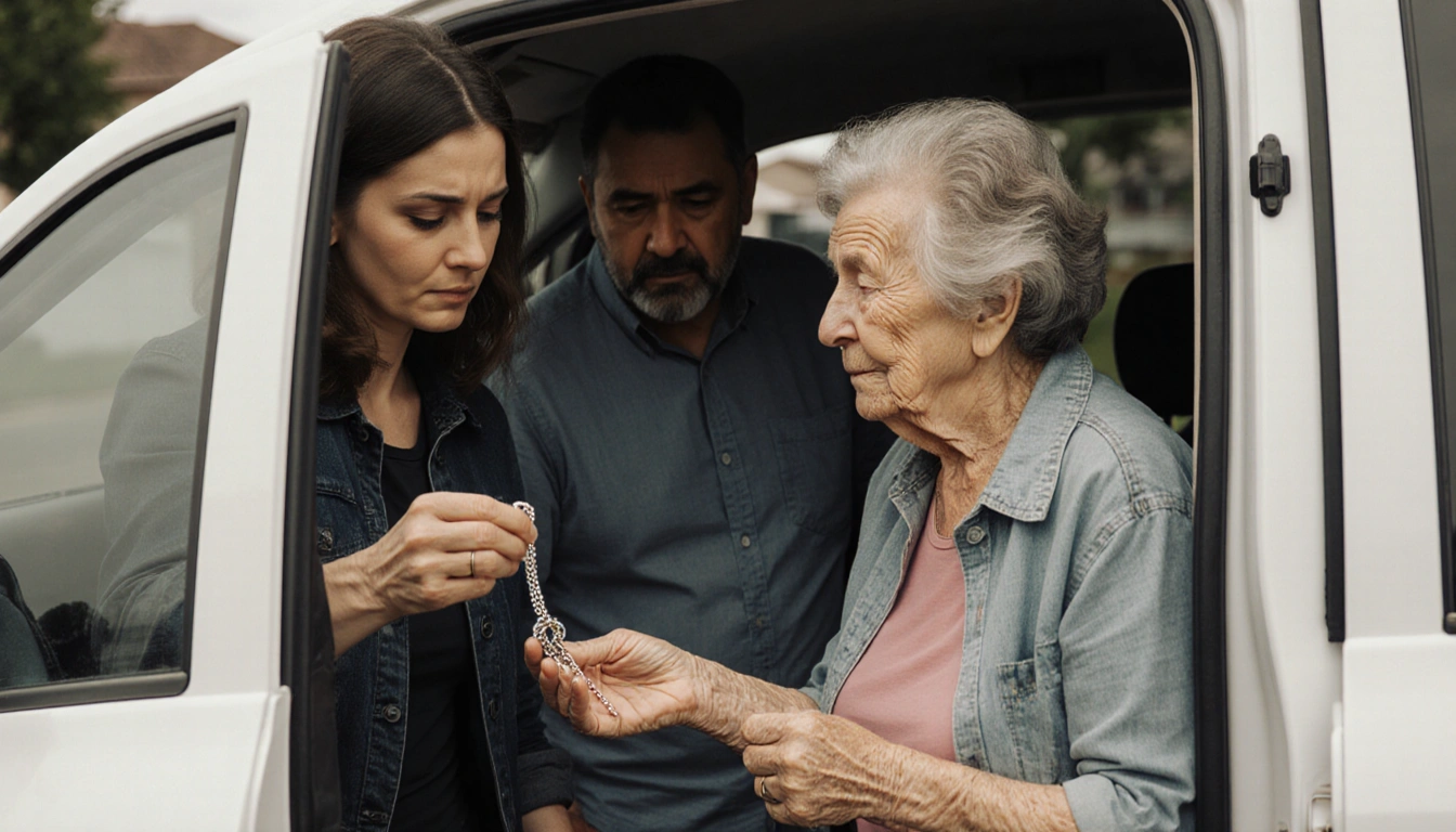 Woman handing chain with pendant to elderly Esther Guerrero with suburban street background.