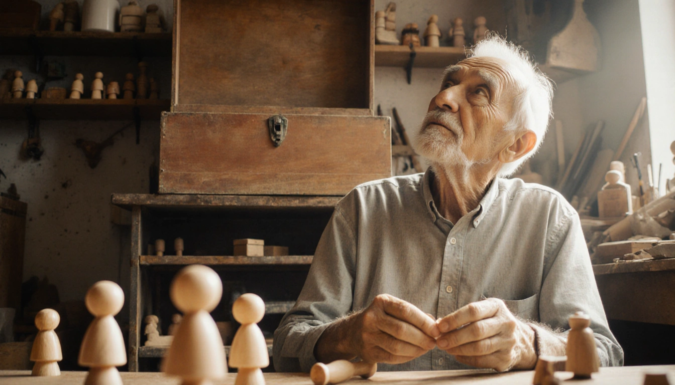 Elderly craftsman shaping a wooden toy with detailed handwork beside a vintage toy box and finished toys in his workshop
