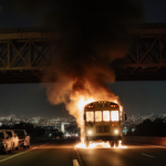 Burning electric school bus ignites with flames and smoke under a nighttime freeway overpass city lights glimmer in distance