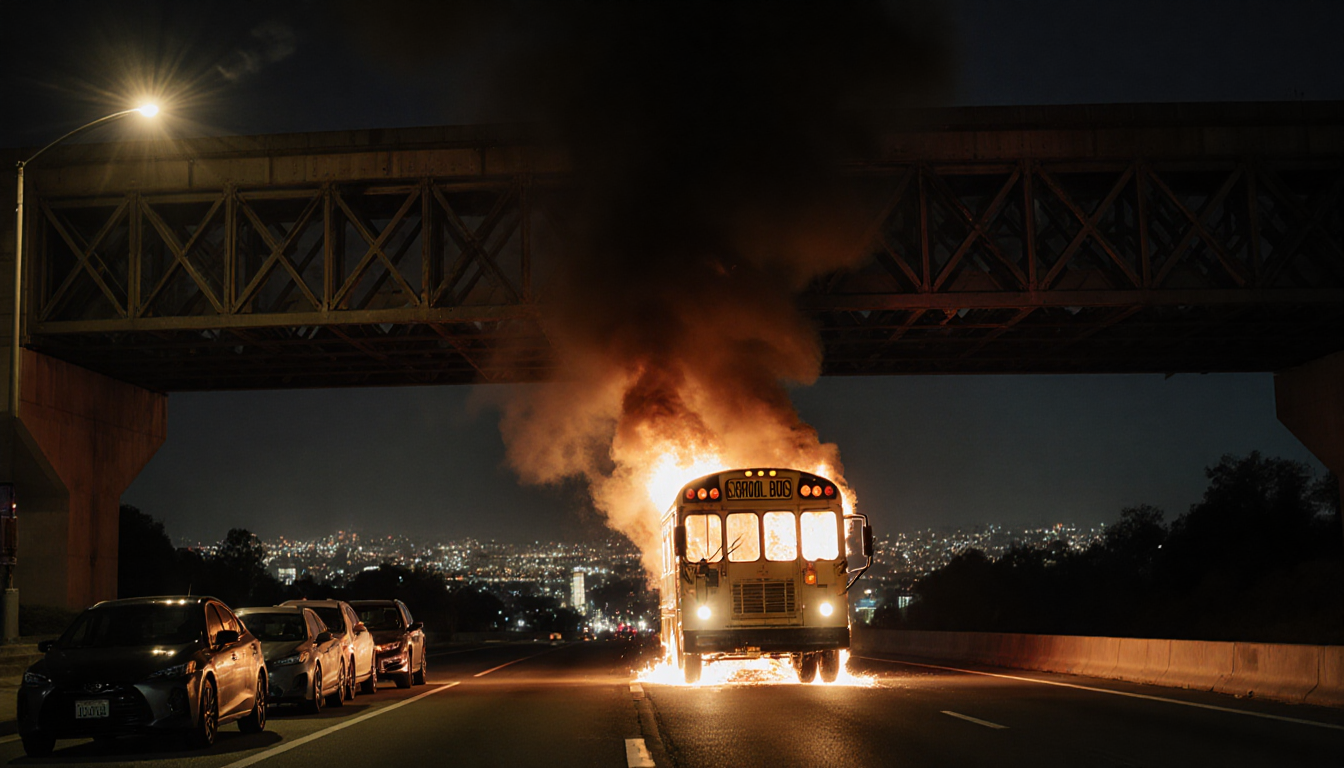 Burning electric school bus ignites with flames and smoke under a nighttime freeway overpass city lights glimmer in distance