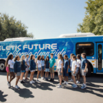 Students gather around a bright blue electric school bus with Electric Future banner showing sustainability and innovation