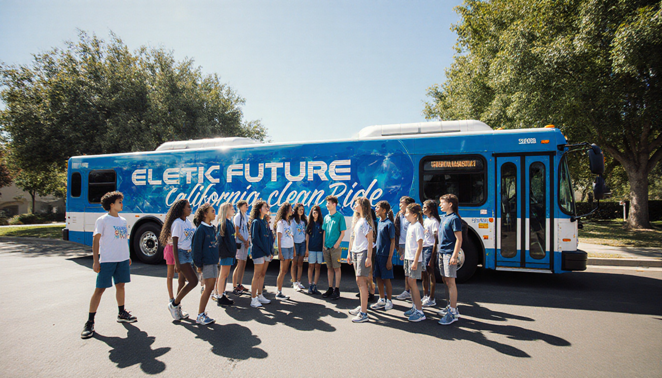 Students gather around a bright blue electric school bus with Electric Future banner showing sustainability and innovation