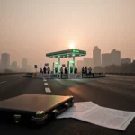 Citizens gather around the electric vehicle charging station with protest signs and a lawyer